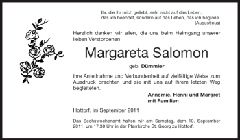 Traueranzeige von Margareta Salomon von Super Sonntag / Super Mittwoch