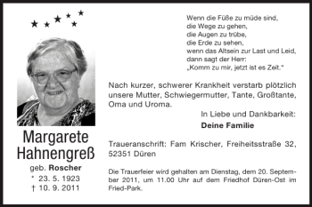 Traueranzeige von Margarete Hahnengreß von Super Sonntag / Super Mittwoch