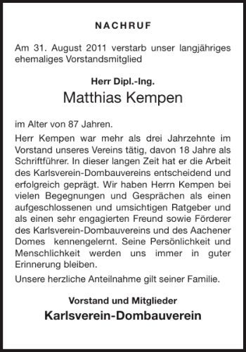 Traueranzeige von Matthias Kempen von Aachener Zeitung / Aachener Nachrichten