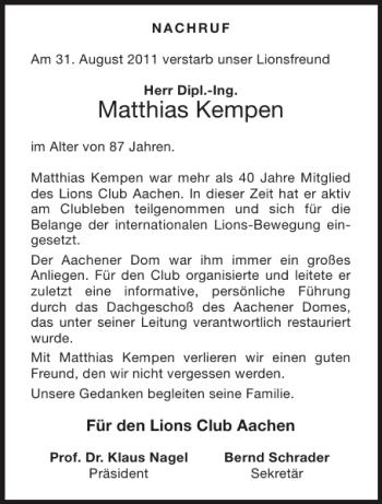 Traueranzeige von Matthias Kempen von Aachener Zeitung / Aachener Nachrichten