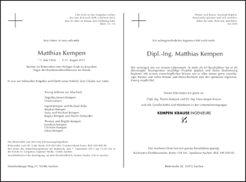 Traueranzeige von Matthias KempenDipl.-Ing. Matthias Kempen von Aachener Zeitung / Aachener Nachrichten