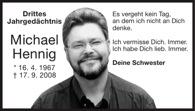  Traueranzeige für Michael Hennig vom 18.09.2011 aus Super Sonntag / Super Mittwoch