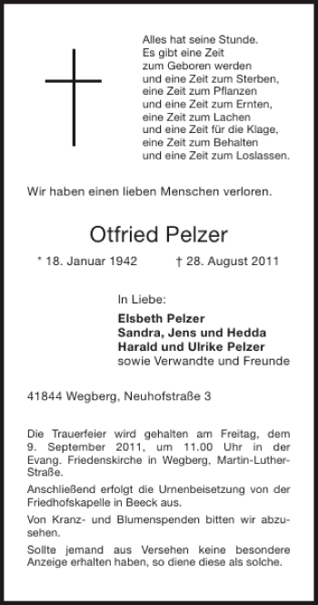 Traueranzeige von Otfried Pelzer von Super Sonntag / Super Mittwoch