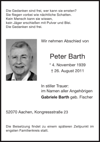 Traueranzeige von Peter Barth von Aachener Zeitung / Aachener Nachrichten