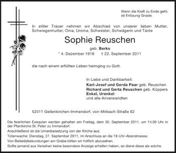 Traueranzeige von Sophie Reuschen von Aachener Zeitung / Aachener Nachrichten