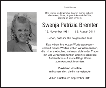 Traueranzeige von Swenja Patrizia Bremter von Super Sonntag / Super Mittwoch