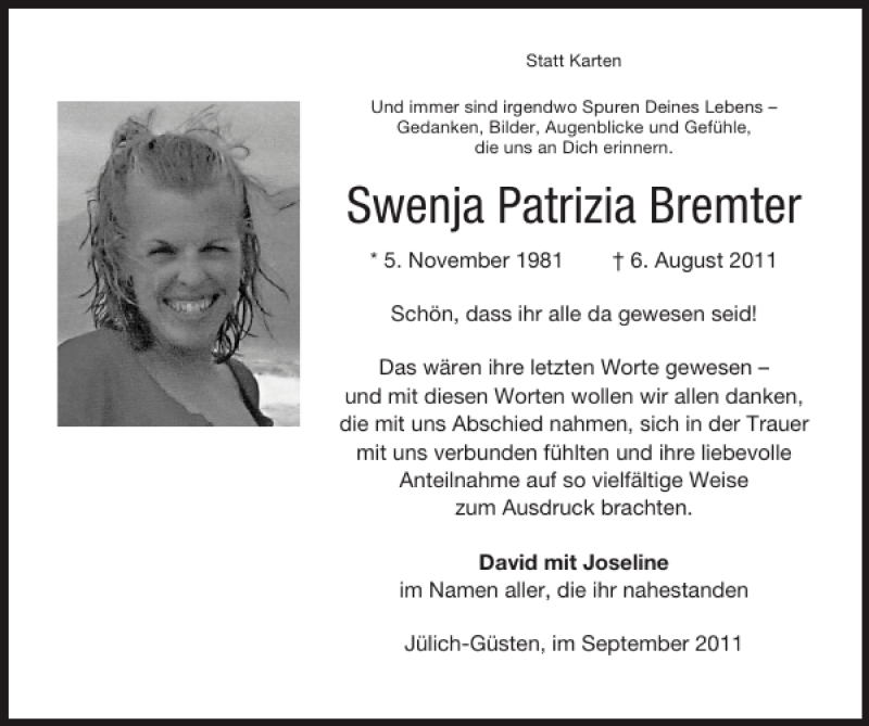  Traueranzeige für Swenja Patrizia Bremter vom 11.09.2011 aus Super Sonntag / Super Mittwoch
