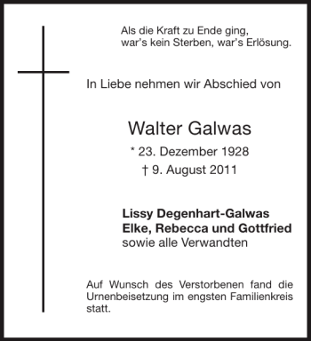 Traueranzeige von Walter Galwas von Aachener Zeitung / Aachener Nachrichten