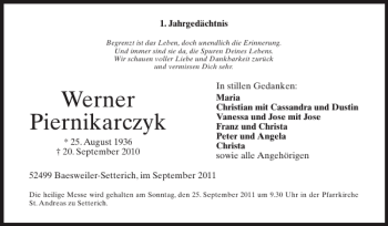 Traueranzeige von Werner Piernikarczyk von Super Sonntag / Super Mittwoch