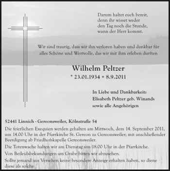 Traueranzeige von Wilhelm Peltzer von Super Sonntag / Super Mittwoch
