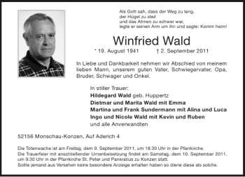 Traueranzeige von Winfried Wald von Aachener Zeitung / Aachener Nachrichten