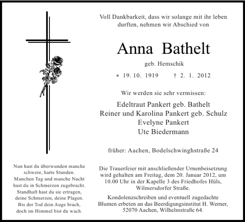  Traueranzeige für Anna Bathelt vom 14.01.2012 aus Aachener Zeitung / Aachener Nachrichten