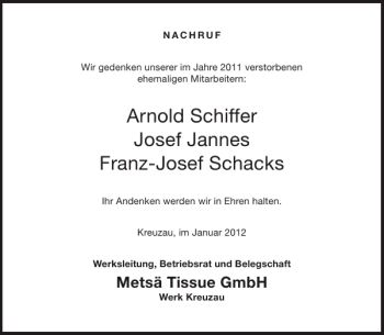 Traueranzeige von Arnold Schiffer Josef JannesFranz-Josef Schacks von Aachener Zeitung / Aachener Nachrichten