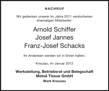 Traueranzeige von Arnold Schiffer Josef JannesFranz-Josef Schacks von Super Sonntag / Super Mittwoch