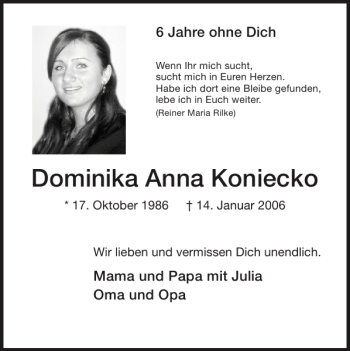 Traueranzeige von Dominika Anna Koniecko von Super Sonntag / Super Mittwoch