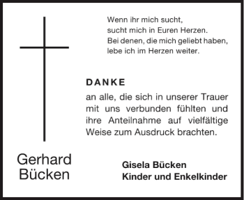 Traueranzeige von Gerhard Bücken von Aachener Zeitung / Aachener Nachrichten