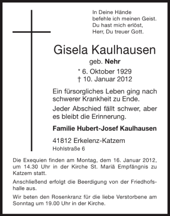 Traueranzeige von Gisela Kaulhausen von Super Sonntag / Super Mittwoch