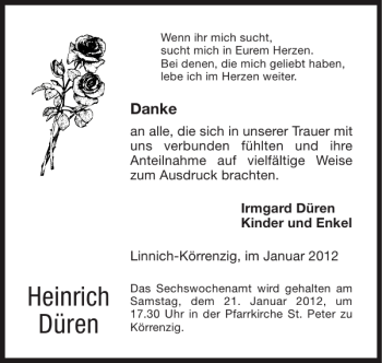 Traueranzeige von Heinrich Düren von Super Sonntag / Super Mittwoch