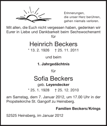 Traueranzeige von Heinrich Beckers Sofia Beckers von Super Sonntag / Super Mittwoch