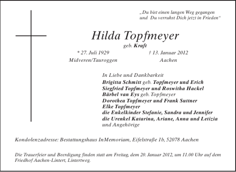  Traueranzeige für Hilda Topfmeyer vom 18.01.2012 aus Aachener Zeitung / Aachener Nachrichten