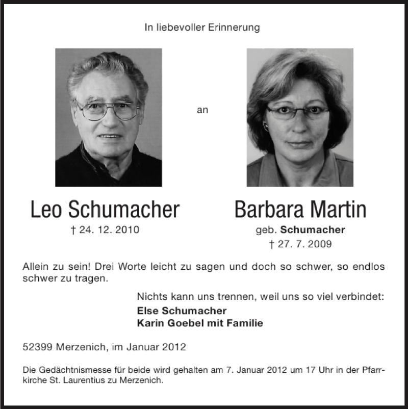  Traueranzeige für Leo Schumacher und Barbara Martin vom 01.01.2012 aus Super Sonntag / Super Mittwoch