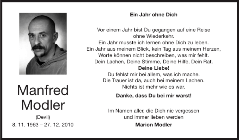 Traueranzeige für Manfred Modler vom 01.01.2012 aus Super Sonntag / Super Mittwoch