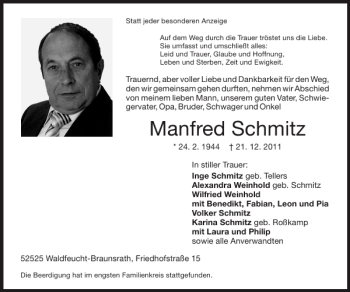 Traueranzeige von Manfred Schmitz von Super Sonntag / Super Mittwoch