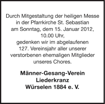 Traueranzeige von Männer-Gesang-Verein Liederkranz Würselen e. V von Aachener Zeitung / Aachener Nachrichten