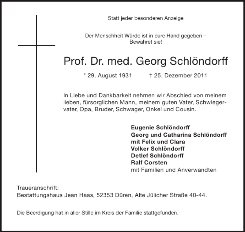  Traueranzeige für Prof. Dr. med. Georg Schlöndorff vom 07.01.2012 aus Aachener Zeitung / Aachener Nachrichten