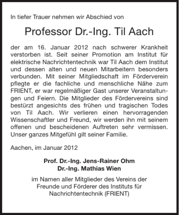 Traueranzeige von Professor Dr.-Ing. Til Aach von Aachener Zeitung / Aachener Nachrichten