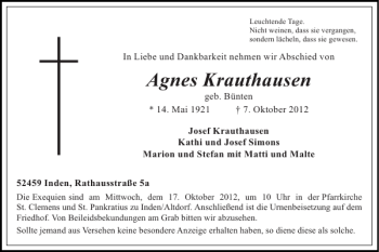 Traueranzeige von Agnes Krauthausen von Super Sonntag / Super Mittwoch