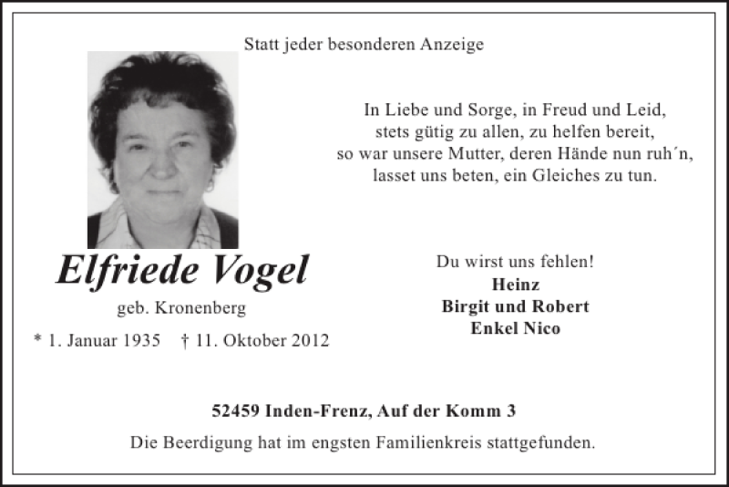  Traueranzeige für Elfriede Vogel vom 21.10.2012 aus Super Sonntag / Super Mittwoch