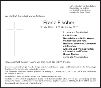 Traueranzeige von Franz Fischer von Aachener Zeitung / Aachener Nachrichten