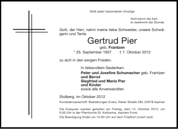 Traueranzeige von Gertrud Pier von Aachener Zeitung / Aachener Nachrichten