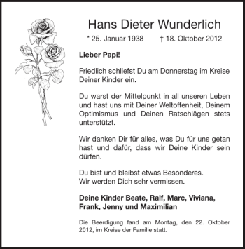 Traueranzeige von Hans Dieter Wunderlich von Aachener Zeitung / Aachener Nachrichten