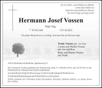 Traueranzeige von Hermann Josef Vossen von Aachener Zeitung / Aachener Nachrichten