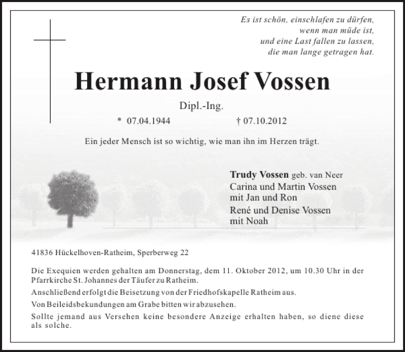  Traueranzeige für Hermann Josef Vossen vom 09.10.2012 aus Aachener Zeitung / Aachener Nachrichten