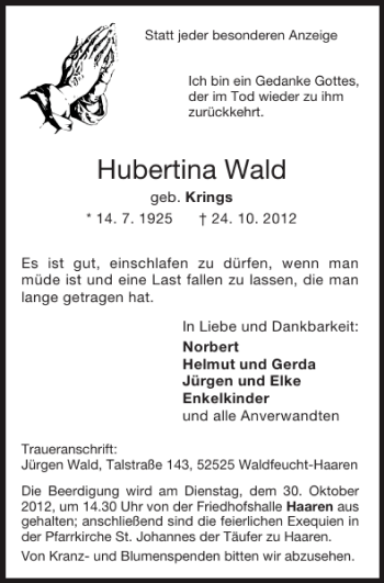 Traueranzeige von Hubertina Wald von Super Sonntag / Super Mittwoch