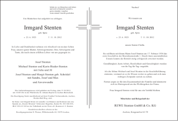 Traueranzeige von Irmgard Stenten Irmgard Stenten von Aachener Zeitung / Aachener Nachrichten