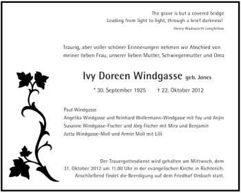 Traueranzeige von Ivy Doreen Windgasse von Aachener Zeitung / Aachener Nachrichten