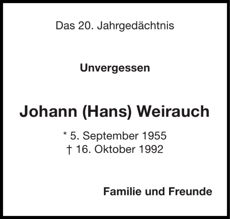  Traueranzeige für Johann Hans Weirauch vom 17.10.2012 aus Super Sonntag / Super Mittwoch