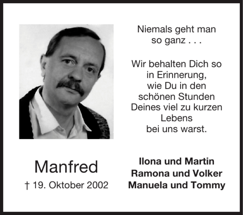  Traueranzeige für Manfred  vom 21.10.2012 aus Super Sonntag / Super Mittwoch