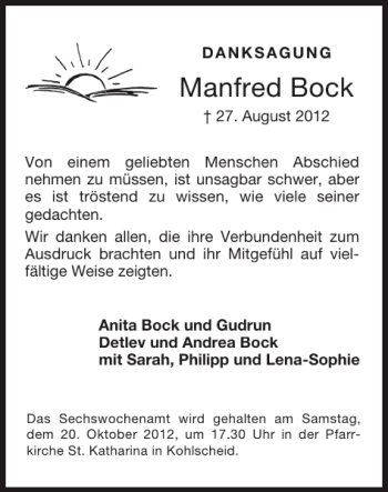 Traueranzeige von Manfred Bock von Super Sonntag / Super Mittwoch