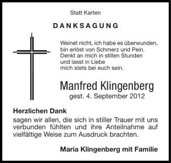 Traueranzeige von Manfred Klingenberg von Super Sonntag / Super Mittwoch