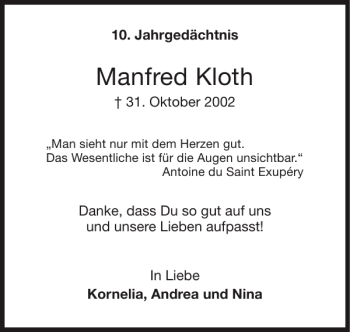 Traueranzeige von Manfred Kloth von Super Sonntag / Super Mittwoch