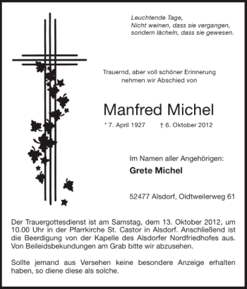 Traueranzeige von Manfred Michel von Super Sonntag / Super Mittwoch