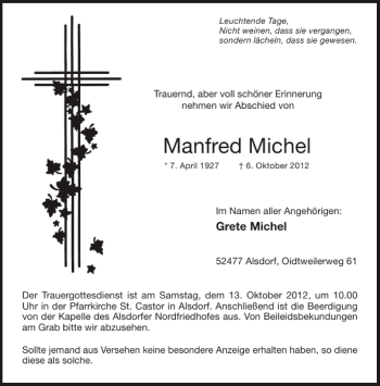 Traueranzeige von Manfred Michel von Aachener Zeitung / Aachener Nachrichten