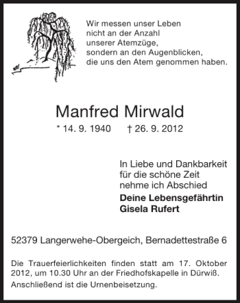 Traueranzeige von Manfred Mirwald von Super Sonntag / Super Mittwoch