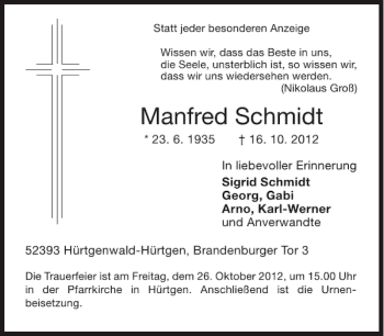 Traueranzeige von Manfred Schmidt von Aachener Zeitung / Aachener Nachrichten