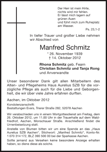 Traueranzeige von Manfred Schmitz von Aachener Zeitung / Aachener Nachrichten